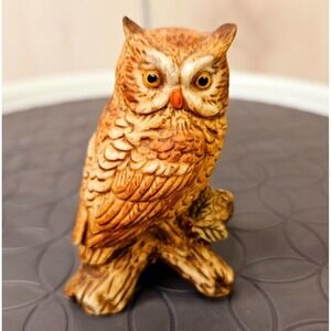 *Vintage Napcoware Porcelain Horned Owl on Log Figurine Brown 2‎ 3/4" Tall #315